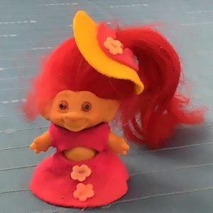 1964 Dam Troll Doll, 2.5 Inch, with Original Outfit, Amber Eyes, Magenta Hair.